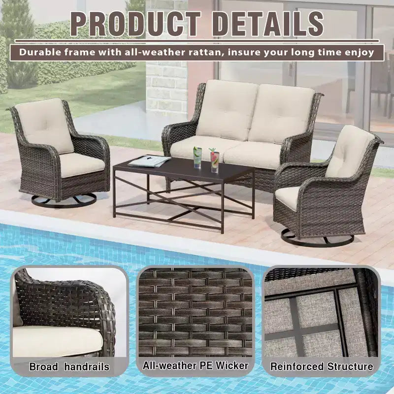 UPTIOT 4-Piece Outdoor Lounge Set with Swivel Rocking Chairs, Double Sofa & Rectangle Table