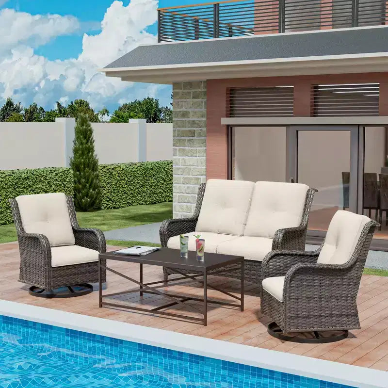 UPTIOT 4-Piece Outdoor Lounge Set with Swivel Rocking Chairs, Double Sofa & Rectangle Table