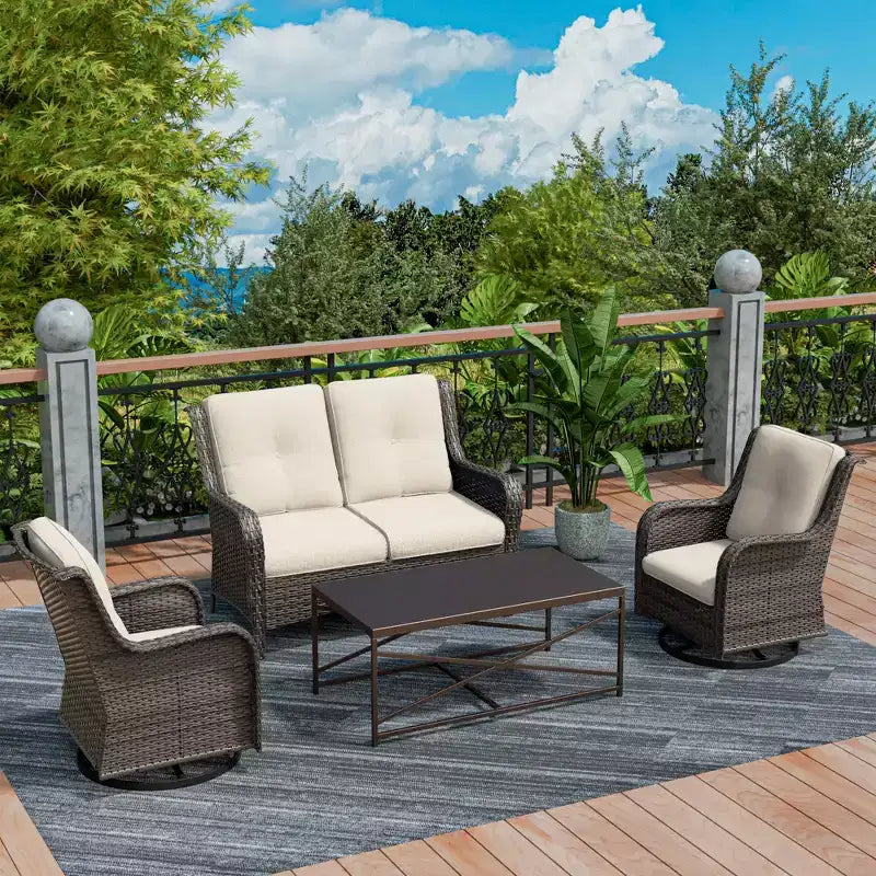 UPTIOT 4-Piece Outdoor Lounge Set with Swivel Rocking Chairs, Double Sofa & Rectangle Table