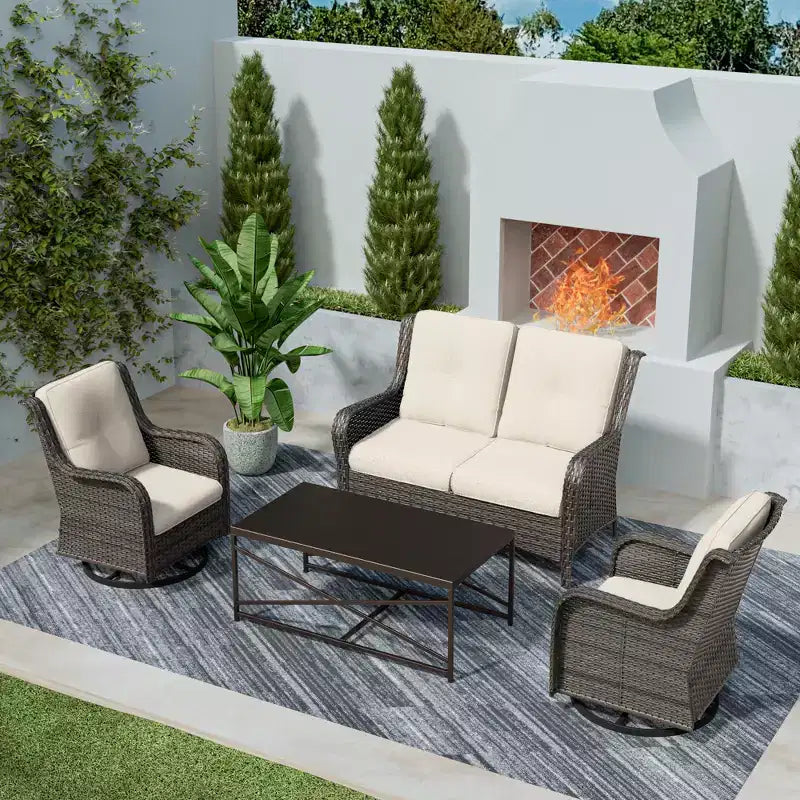 UPTIOT 4-Piece Outdoor Lounge Set with Swivel Rocking Chairs, Double Sofa & Rectangle Table