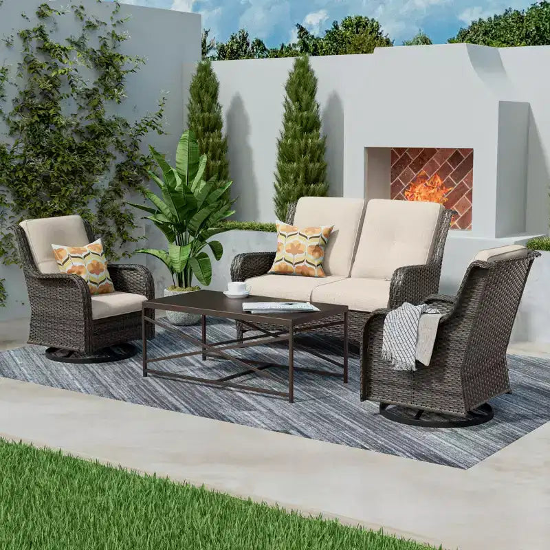 UPTIOT 4-Piece Outdoor Lounge Set with Swivel Rocking Chairs, Double Sofa & Rectangle Table