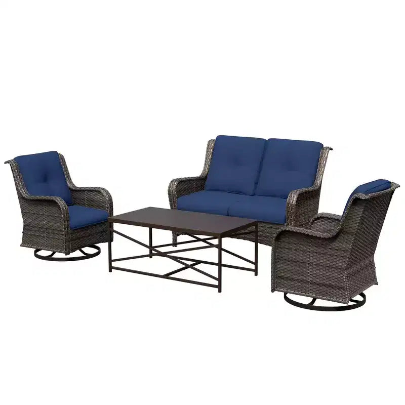 UPTIOT 4-Piece Outdoor Lounge Set with Swivel Rocking Chairs, Double Sofa & Rectangle Table