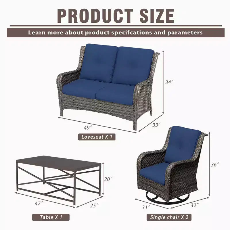 UPTIOT 4-Piece Outdoor Lounge Set with Swivel Rocking Chairs, Double Sofa & Rectangle Table