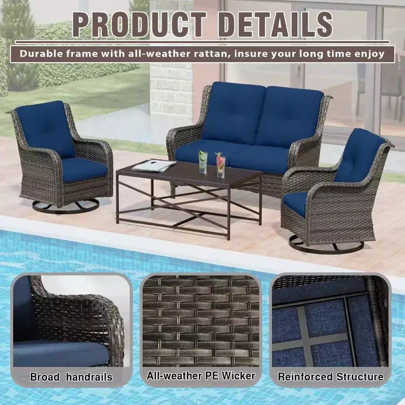 UPTIOT 4-Piece Outdoor Lounge Set with Swivel Rocking Chairs, Double Sofa & Rectangle Table