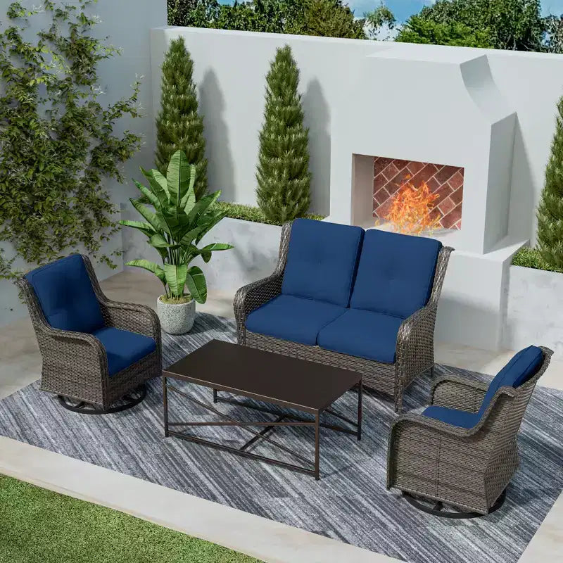 UPTIOT 4-Piece Outdoor Lounge Set with Swivel Rocking Chairs, Double Sofa & Rectangle Table