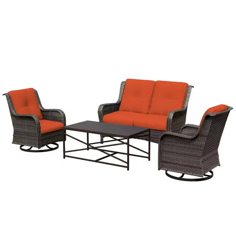UPTIOT 4-Piece Outdoor Lounge Set with Swivel Rocking Chairs, Double Sofa & Rectangle Table