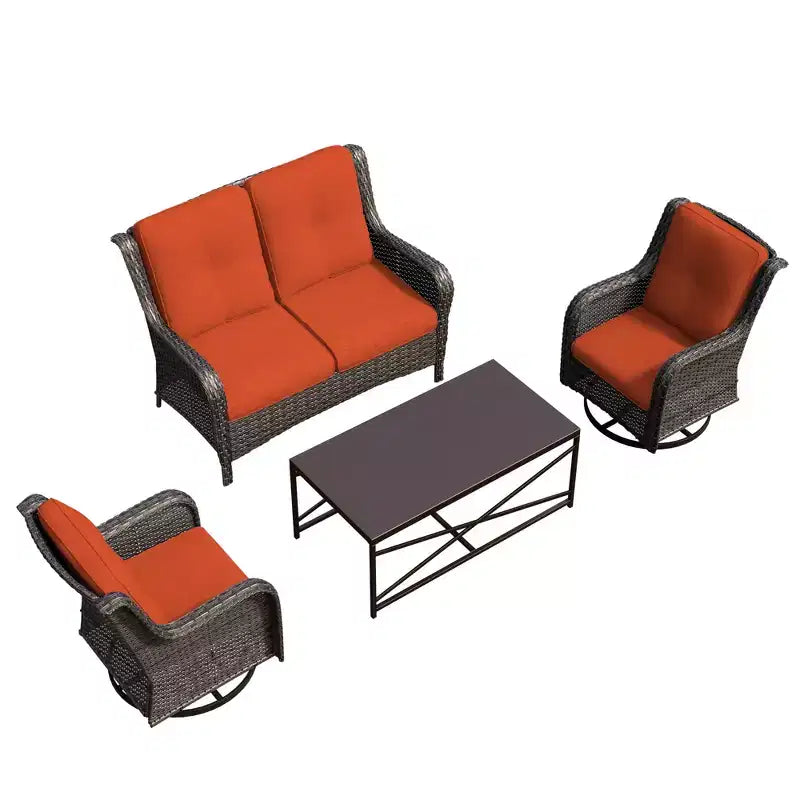 UPTIOT 4-Piece Outdoor Lounge Set with Swivel Rocking Chairs, Double Sofa & Rectangle Table