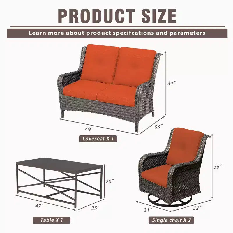 UPTIOT 4-Piece Outdoor Lounge Set with Swivel Rocking Chairs, Double Sofa & Rectangle Table