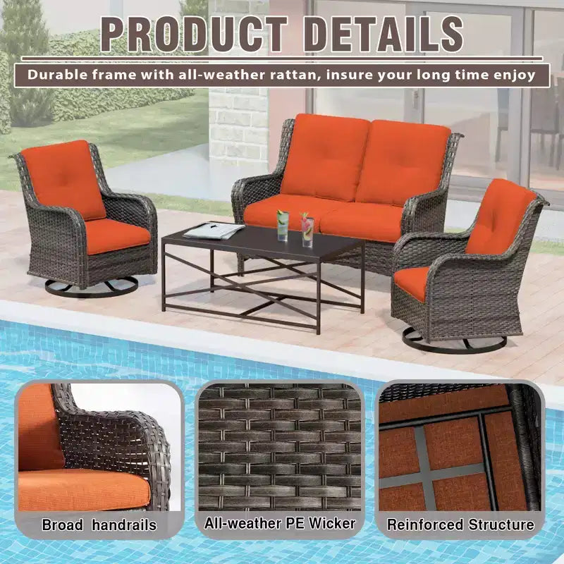 UPTIOT 4-Piece Outdoor Lounge Set with Swivel Rocking Chairs, Double Sofa & Rectangle Table