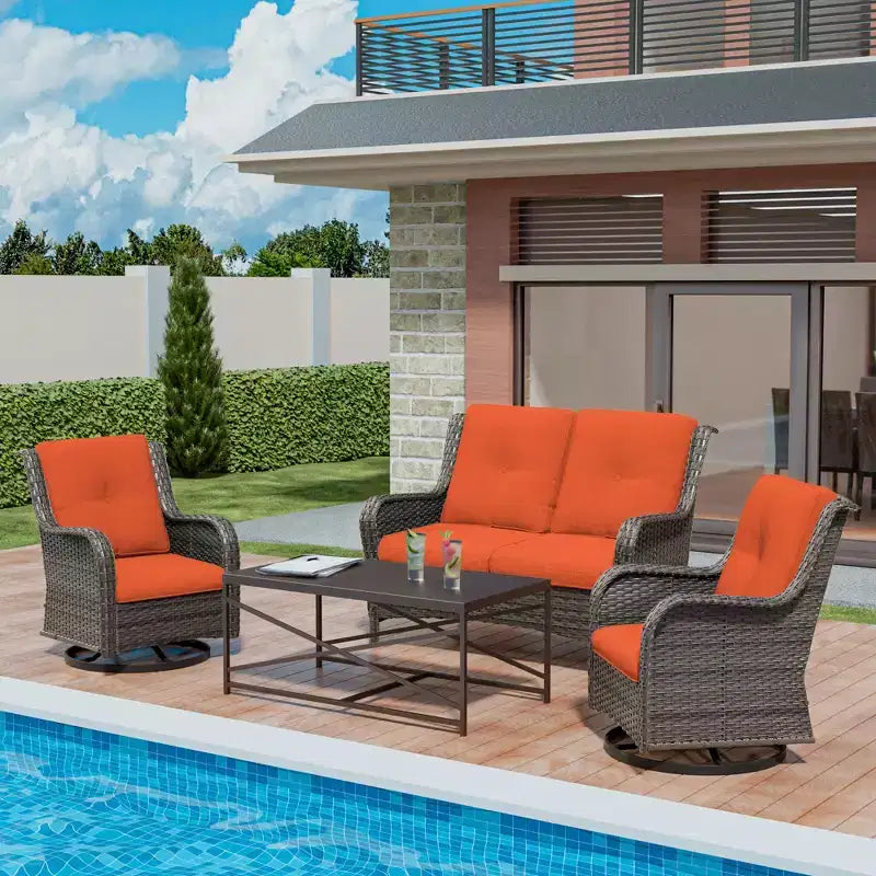 UPTIOT 4-Piece Outdoor Lounge Set with Swivel Rocking Chairs, Double Sofa & Rectangle Table