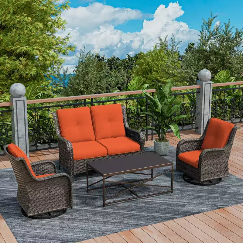 UPTIOT 4-Piece Outdoor Lounge Set with Swivel Rocking Chairs, Double Sofa & Rectangle Table