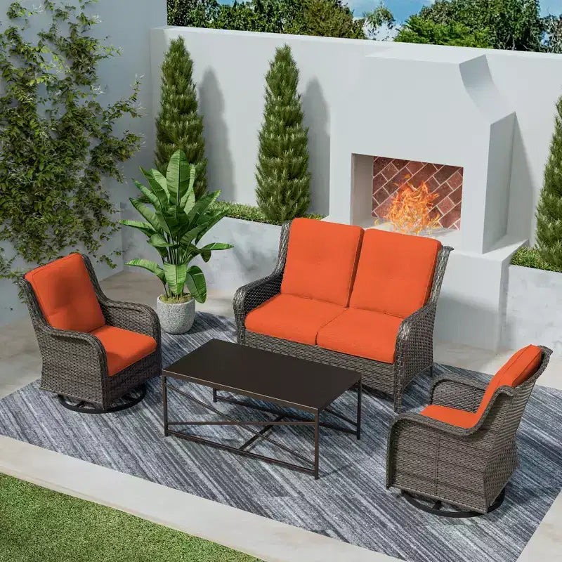UPTIOT 4-Piece Outdoor Lounge Set with Swivel Rocking Chairs, Double Sofa & Rectangle Table