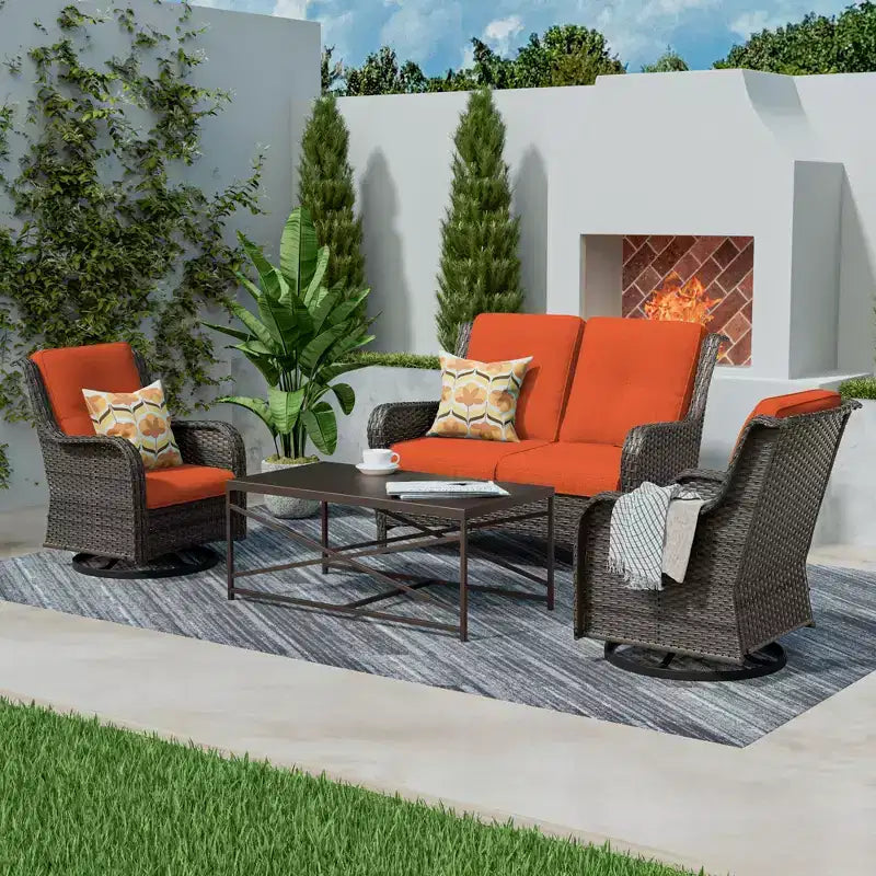 UPTIOT 4-Piece Outdoor Lounge Set with Swivel Rocking Chairs, Double Sofa & Rectangle Table