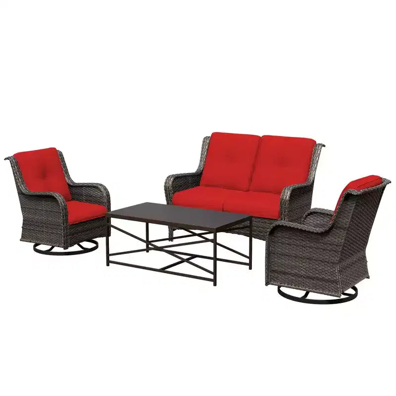 UPTIOT 4-Piece Outdoor Lounge Set with Swivel Rocking Chairs, Double Sofa & Rectangle Table