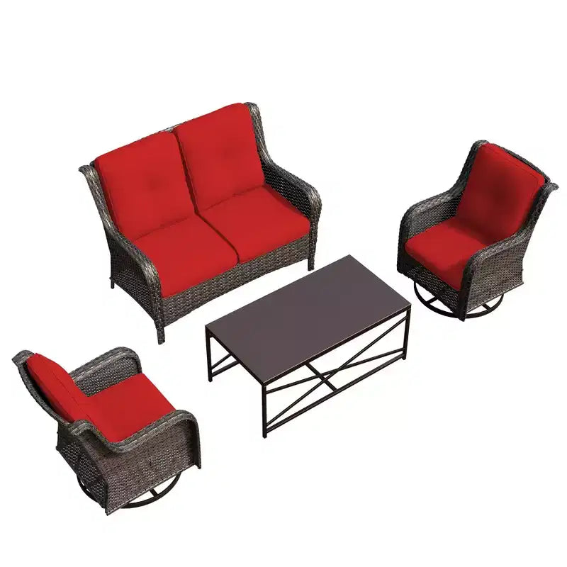 UPTIOT 4-Piece Outdoor Lounge Set with Swivel Rocking Chairs, Double Sofa & Rectangle Table