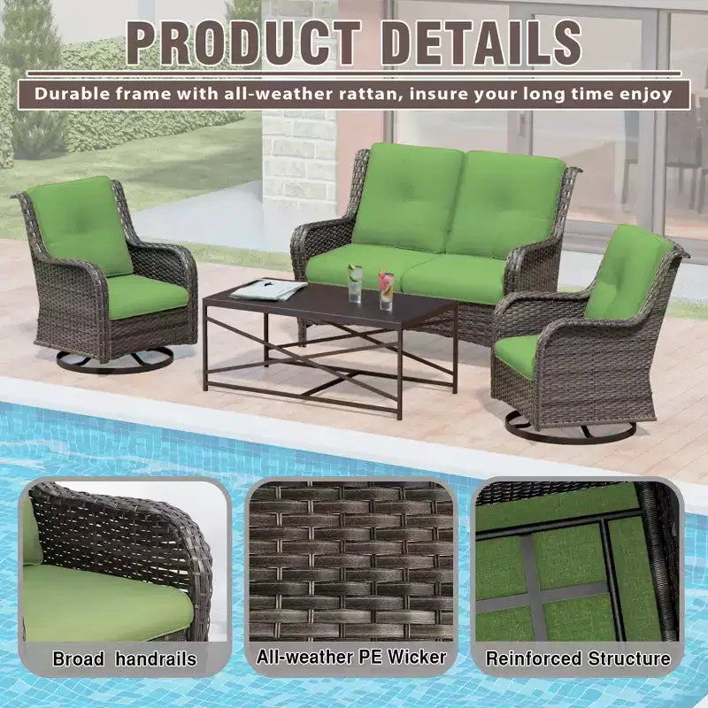 UPTIOT 4-Piece Outdoor Lounge Set with Swivel Rocking Chairs, Double Sofa & Rectangle Table