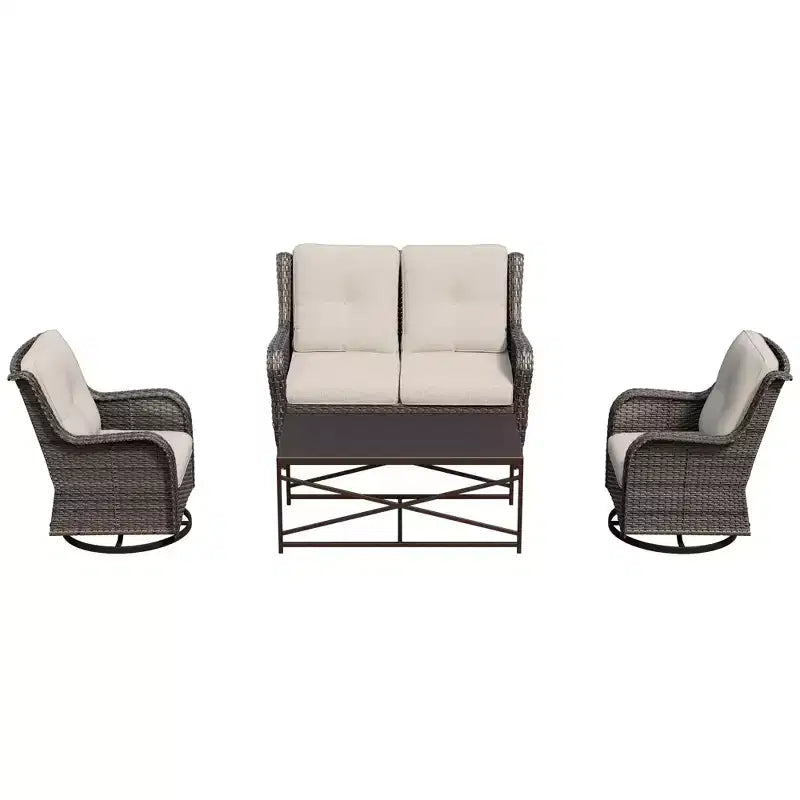 UPTIOT 4-Piece Outdoor Lounge Set with Swivel Rocking Chairs, Double Sofa & Rectangle Table
