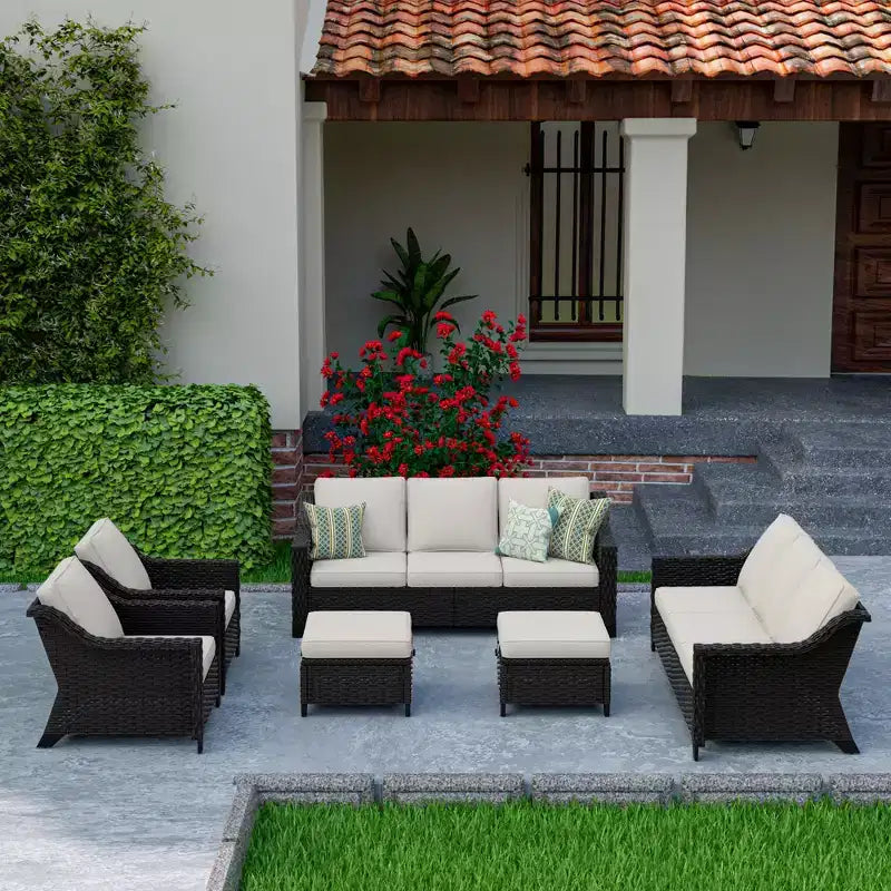 UPTIOT 6-Piece Outdoor Patio Set with Two 3-Seat Sofas, Two Chairs & Two Ottomans