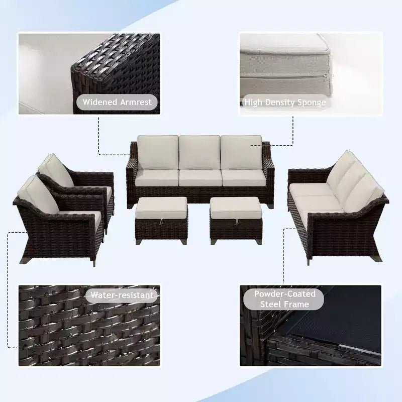 UPTIOT 6-Piece Outdoor Patio Set with Two 3-Seat Sofas, Two Chairs & Two Ottomans