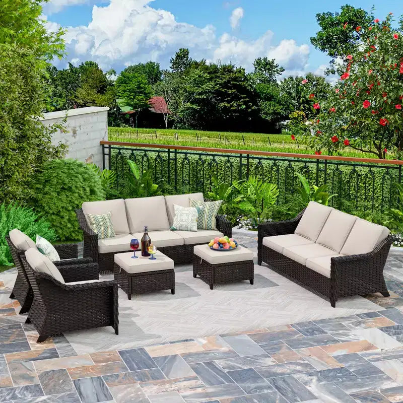 UPTIOT 6-Piece Outdoor Patio Set with Two 3-Seat Sofas, Two Chairs & Two Ottomans