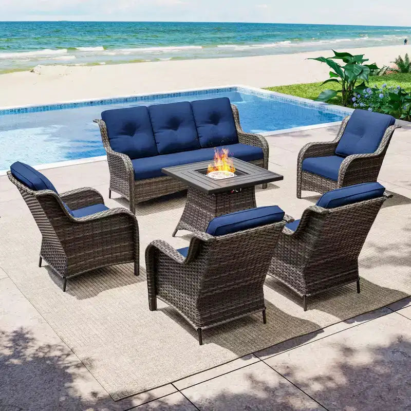 UPTIOT 7-Piece All-Weather Outdoor Fire Pit Set with 3-Seat Sofa, Chairs & Table