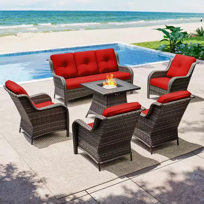 UPTIOT 7-Piece All-Weather Outdoor Fire Pit Set with 3-Seat Sofa, Chairs & Table