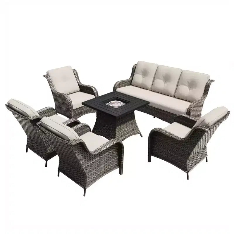 UPTIOT 7-Piece All-Weather Outdoor Fire Pit Set with 3-Seat Sofa, Chairs & Table