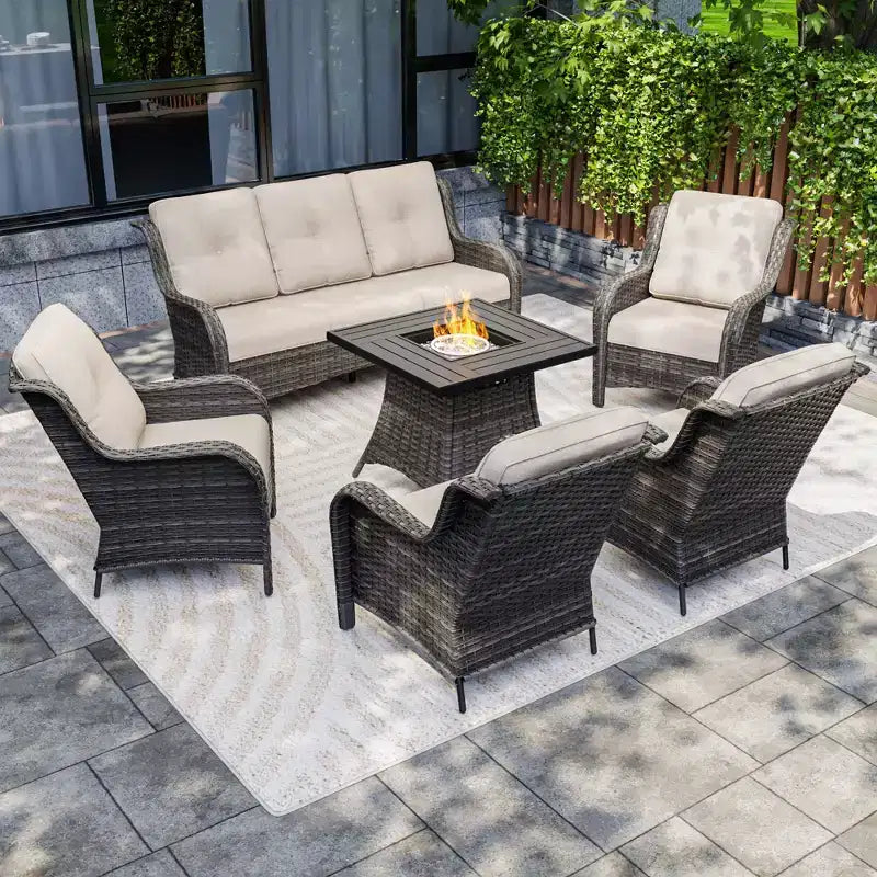 UPTIOT 7-Piece All-Weather Outdoor Fire Pit Set with 3-Seat Sofa, Chairs & Table