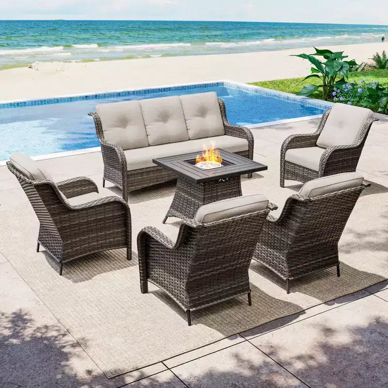 UPTIOT 7-Piece All-Weather Outdoor Fire Pit Set with 3-Seat Sofa, Chairs & Table