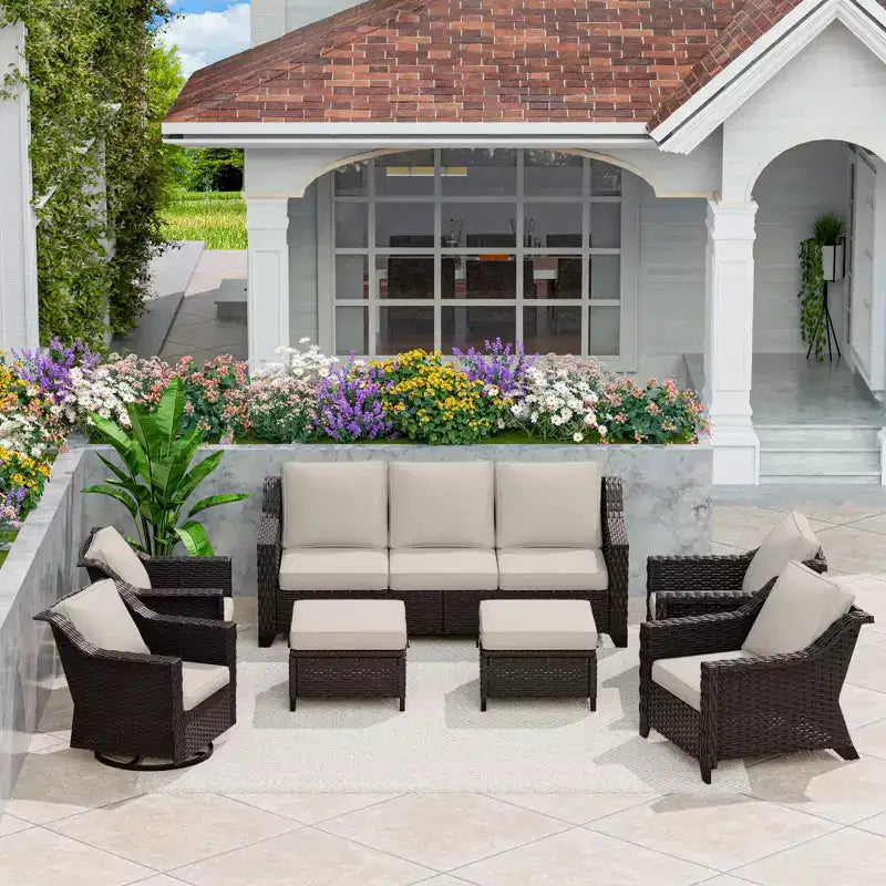 UPTIOT 7-Piece Outdoor Modular Set: 3-Seat Sofa, 2 Swivel Chairs, 2 Armchairs & 2 Ottomans