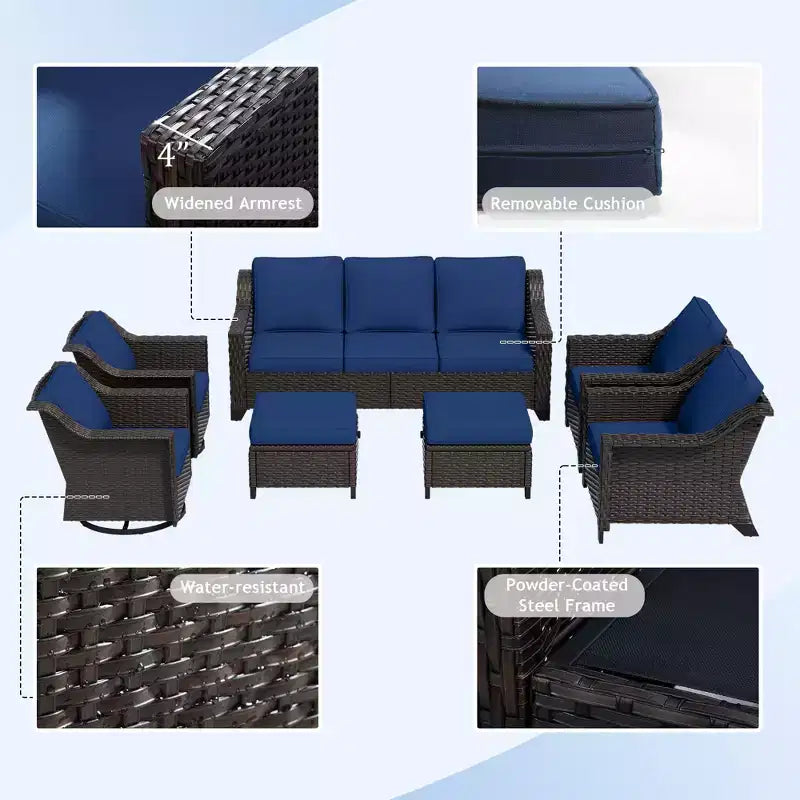 UPTIOT 7-Piece Outdoor Modular Set: 3-Seat Sofa, 2 Swivel Chairs, 2 Armchairs & 2 Ottomans