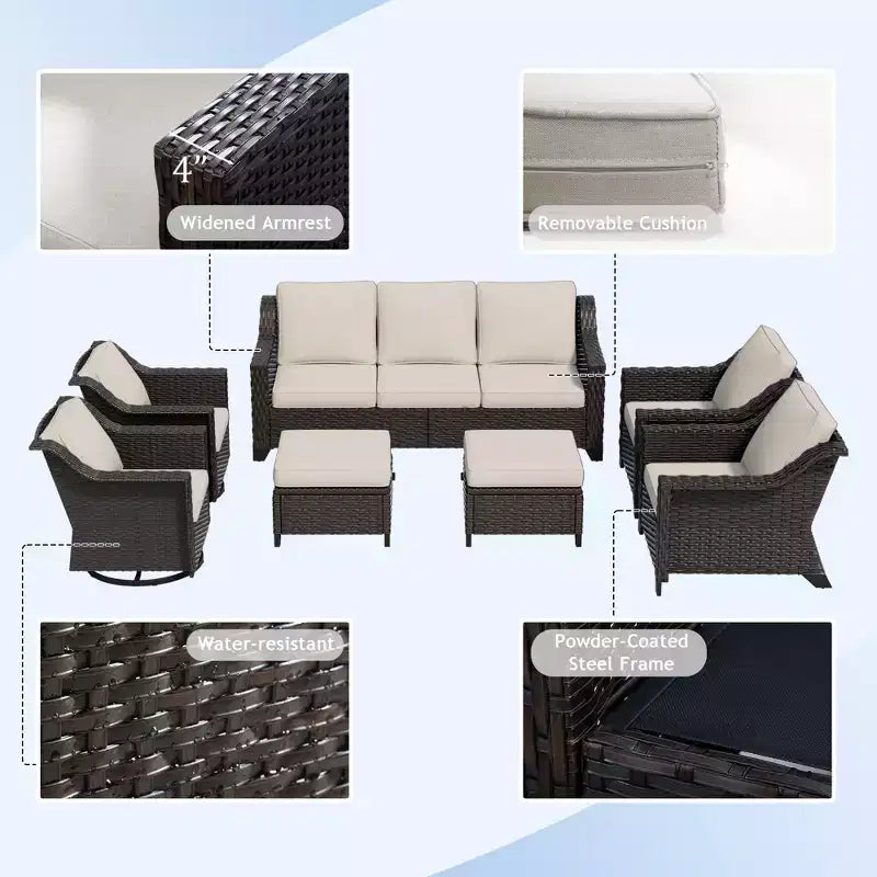 UPTIOT 7-Piece Outdoor Modular Set: 3-Seat Sofa, 2 Swivel Chairs, 2 Armchairs & 2 Ottomans
