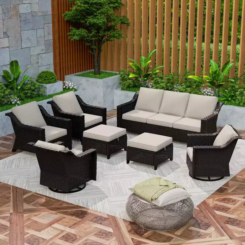UPTIOT 7-Piece Outdoor Modular Set: 3-Seat Sofa, 2 Swivel Chairs, 2 Armchairs & 2 Ottomans