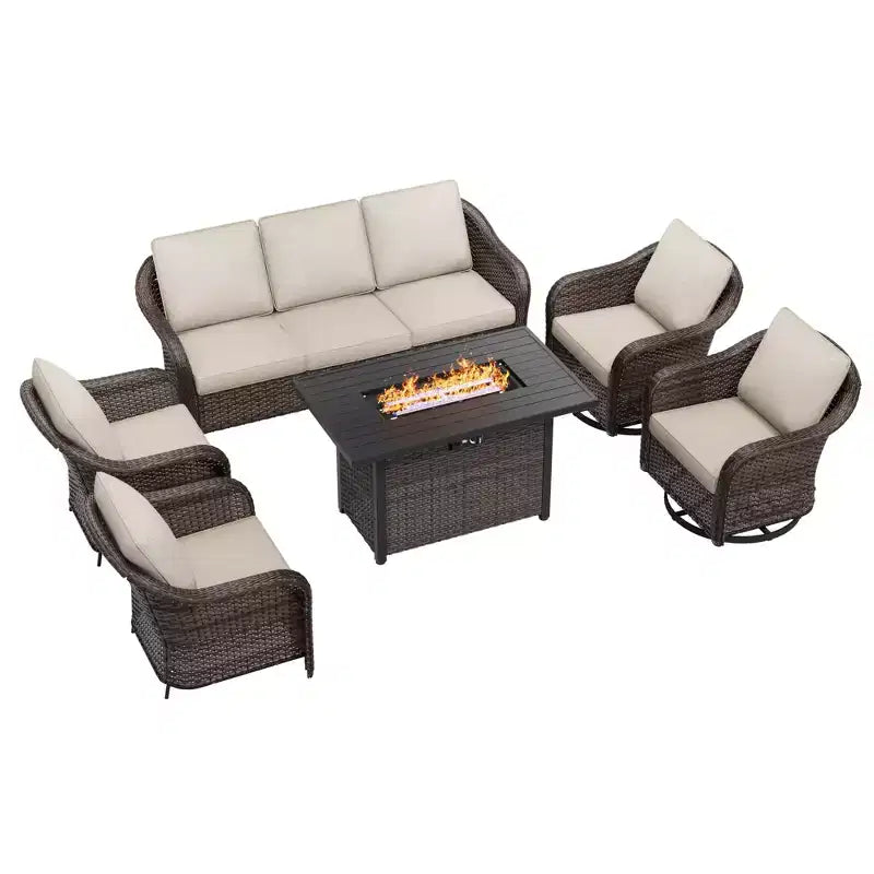 UPTIOT 6-Piece Outdoor Set with 3-Seat Sofa, 2 Swivel Chairs, 2 Single Chairs & 50,000 BTU Grey Fire Table