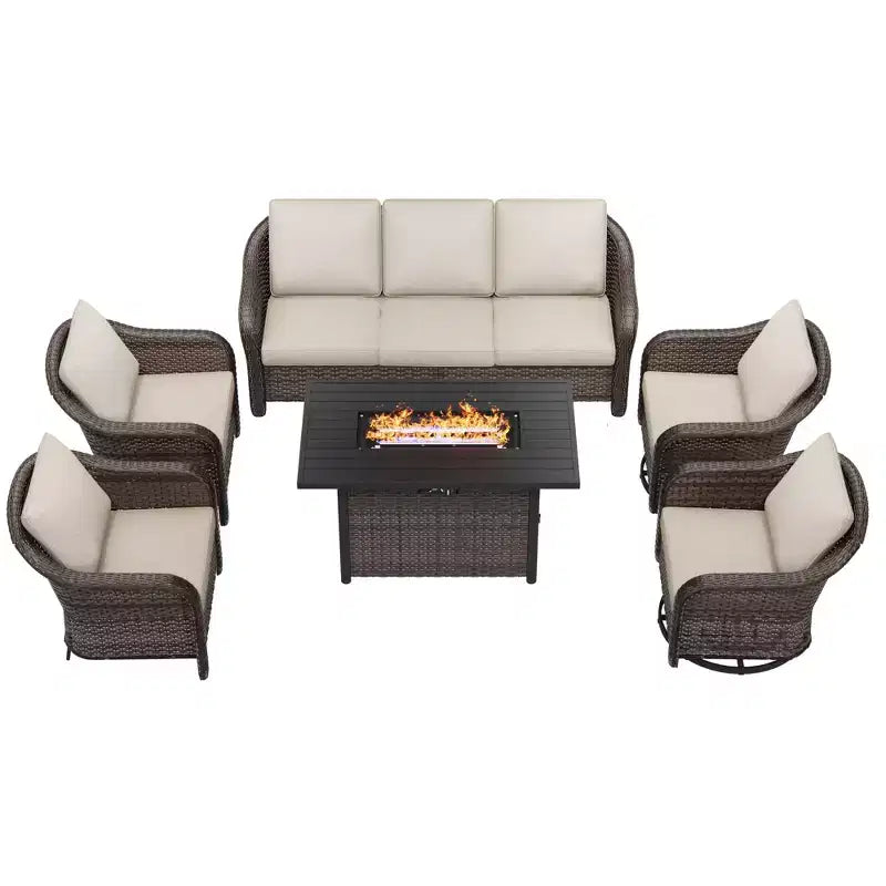 UPTIOT 6-Piece Outdoor Set with 3-Seat Sofa, 2 Swivel Chairs, 2 Single Chairs & 50,000 BTU Grey Fire Table