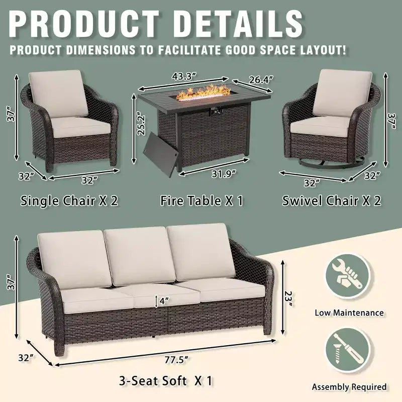 UPTIOT 6-Piece Outdoor Set with 3-Seat Sofa, 2 Swivel Chairs, 2 Single Chairs & 50,000 BTU Grey Fire Table