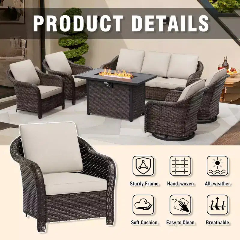 UPTIOT 6-Piece Outdoor Set with 3-Seat Sofa, 2 Swivel Chairs, 2 Single Chairs & 50,000 BTU Grey Fire Table