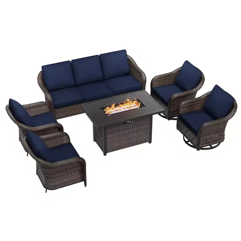 UPTIOT 6-Piece Outdoor Set with 3-Seat Sofa, 2 Swivel Chairs, 2 Single Chairs & 50,000 BTU Grey Fire Table