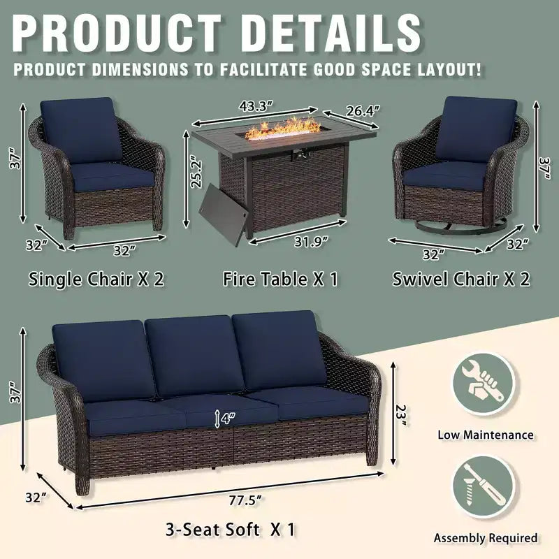 UPTIOT 6-Piece Outdoor Set with 3-Seat Sofa, 2 Swivel Chairs, 2 Single Chairs & 50,000 BTU Grey Fire Table