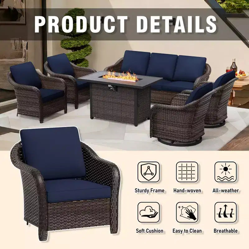 UPTIOT 6-Piece Outdoor Set with 3-Seat Sofa, 2 Swivel Chairs, 2 Single Chairs & 50,000 BTU Grey Fire Table