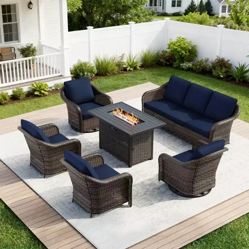 UPTIOT 6-Piece Outdoor Set with 3-Seat Sofa, 2 Swivel Chairs, 2 Single Chairs & 50,000 BTU Grey Fire Table