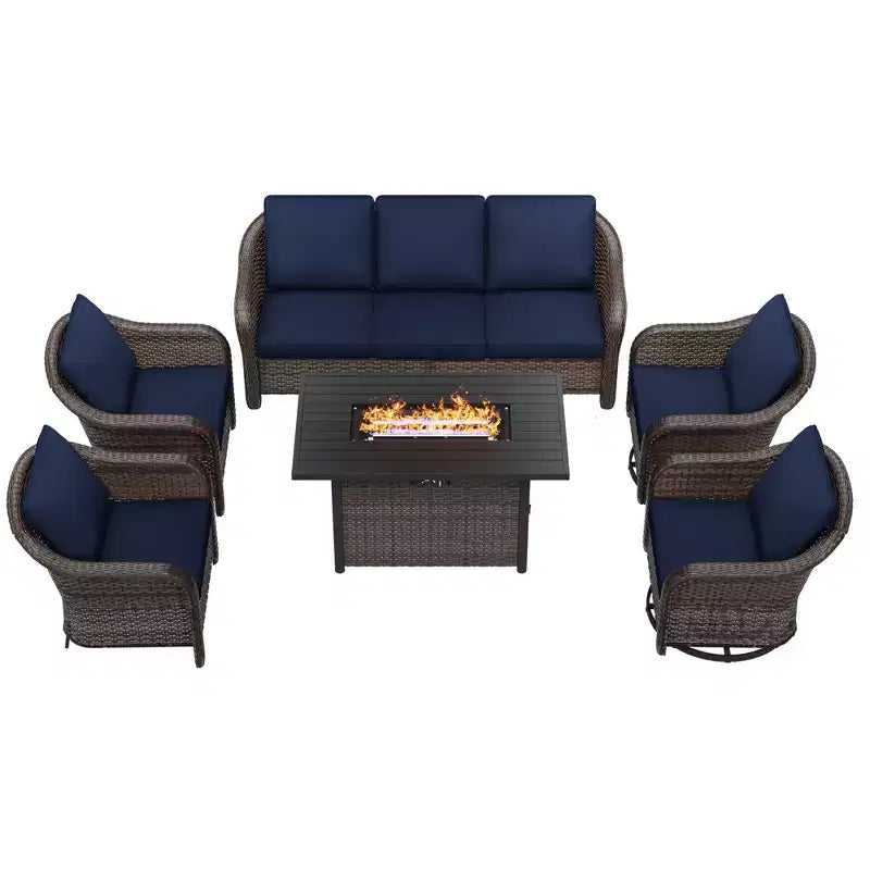 UPTIOT 6-Piece Outdoor Set with 3-Seat Sofa, 2 Swivel Chairs, 2 Single Chairs & 50,000 BTU Grey Fire Table