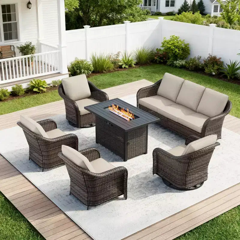 UPTIOT 6-Piece Outdoor Set with 3-Seat Sofa, 2 Swivel Chairs, 2 Single Chairs & 50,000 BTU Grey Fire Table