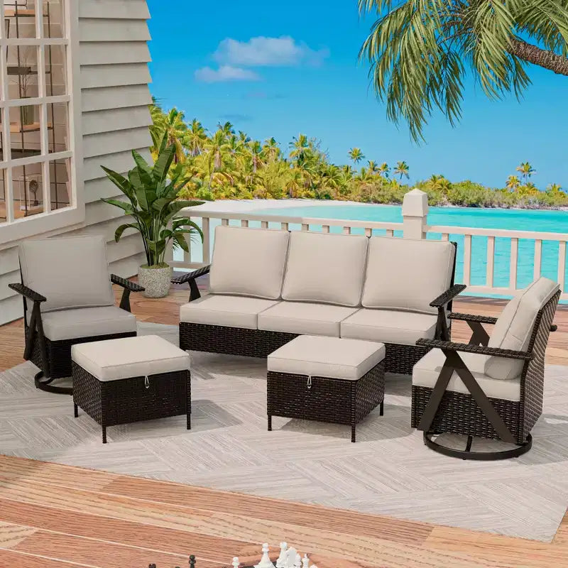 UPTIOT Outdoor 5-Piece Seating Set: 3-Seater Sofa, 2 Swivel Rockers & 2 Ottomans for Patio Comfort