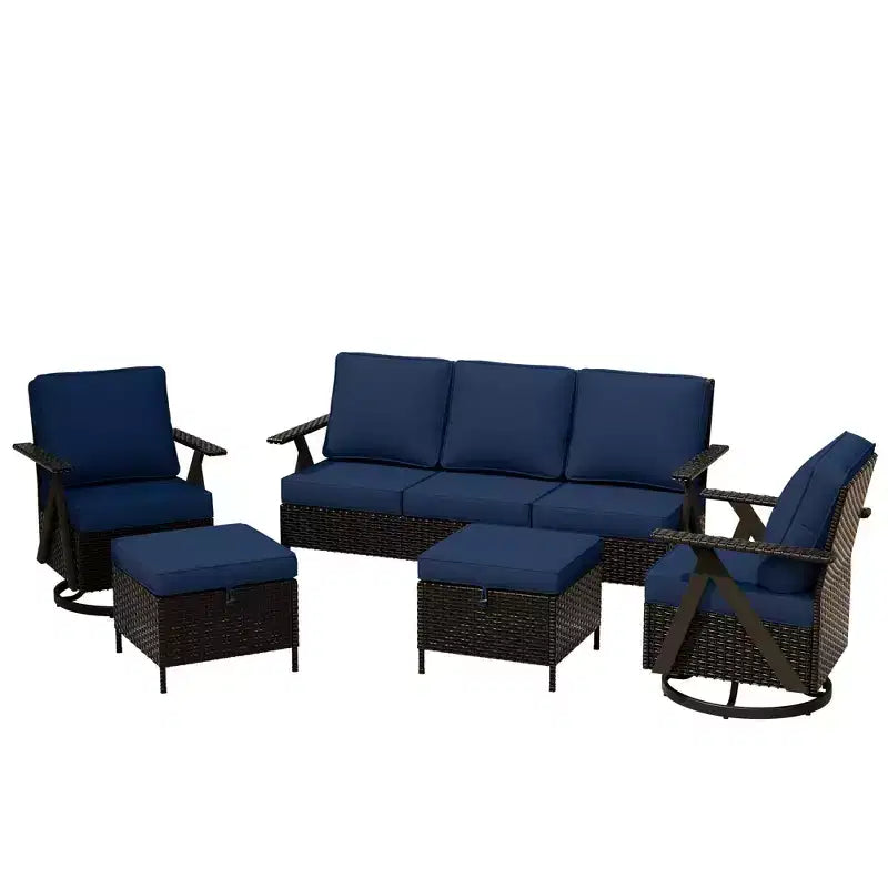 UPTIOT Outdoor 5-Piece Seating Set: 3-Seater Sofa, 2 Swivel Rockers & 2 Ottomans for Patio Comfort