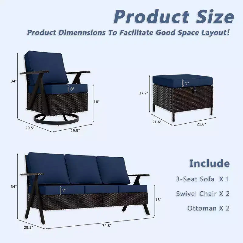 UPTIOT Outdoor 5-Piece Seating Set: 3-Seater Sofa, 2 Swivel Rockers & 2 Ottomans for Patio Comfort