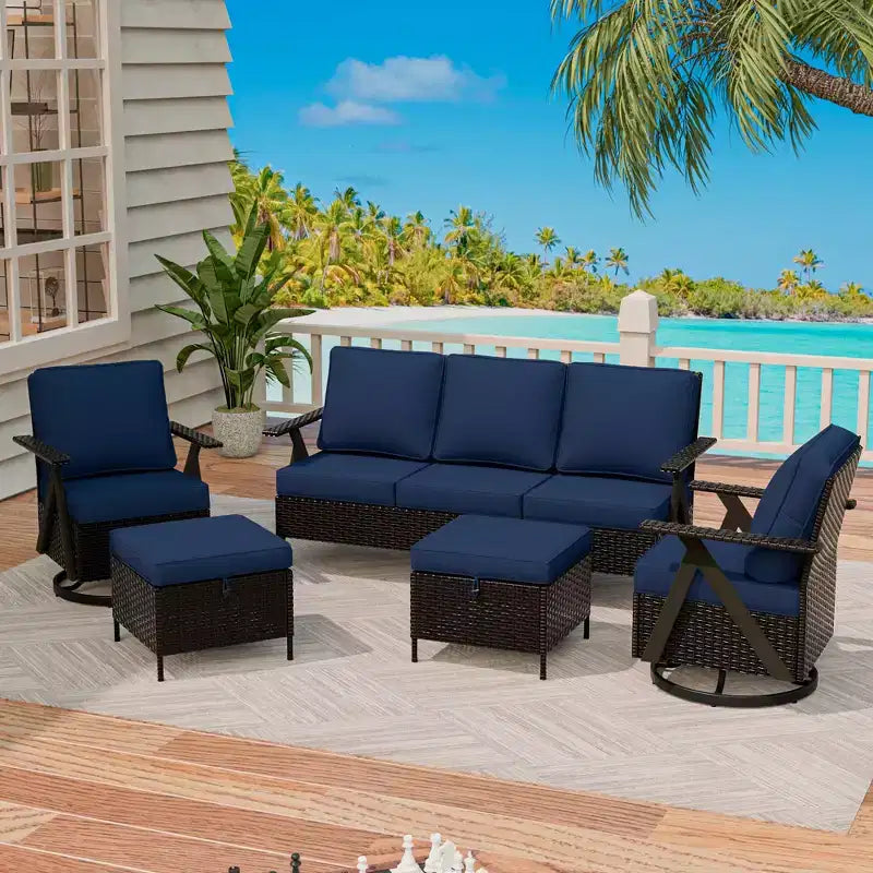 UPTIOT Outdoor 5-Piece Seating Set: 3-Seater Sofa, 2 Swivel Rockers & 2 Ottomans for Patio Comfort