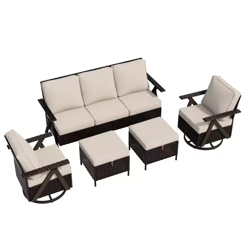 UPTIOT Outdoor 5-Piece Seating Set: 3-Seater Sofa, 2 Swivel Rockers & 2 Ottomans for Patio Comfort