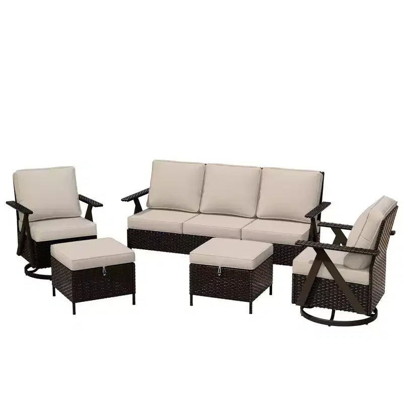 UPTIOT Outdoor 5-Piece Seating Set: 3-Seater Sofa, 2 Swivel Rockers & 2 Ottomans for Patio Comfort