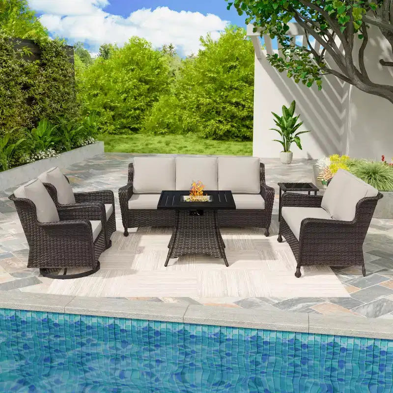 UPTIOT Ultimate 6-Piece Outdoor Set with 50,000BTU Fire Pit & Swivel Rockers